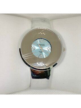 Christi women’s cuff bracelet watch silver tone 37mm mirror bezel blue running